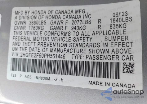 2023 Honda Civic Sport из США, поврежденный, VIN 2HGFE2F50PH561445